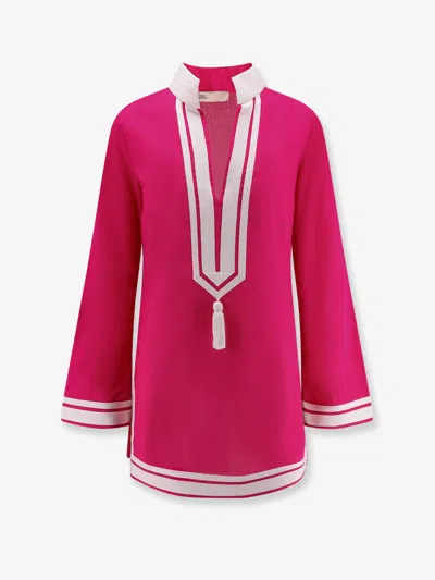 TORY BURCH COTTON SHORT DRESS WITH CONTRASTING PROFILES