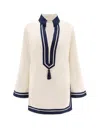 Tory Burch Cotton Short Dress With Contrasting Profiles In Neutral