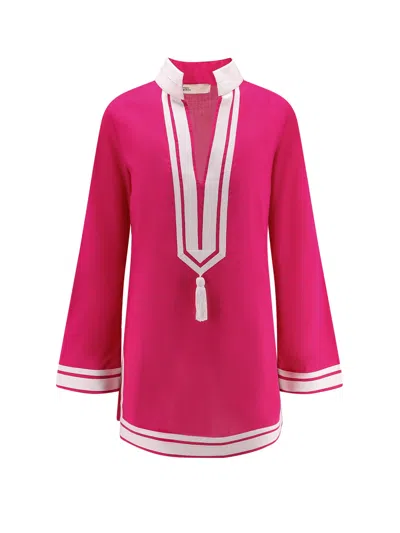 TORY BURCH COTTON SHORT DRESS WITH CONTRASTING PROFILES