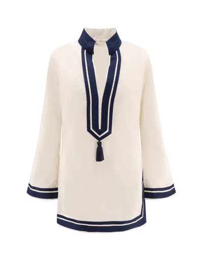 TORY BURCH COTTON SHORT DRESS WITH CONTRASTING PROFILES