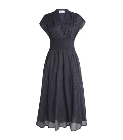 Tory Burch Cotton Stripe Shirred-waist Midi Dress In Blue