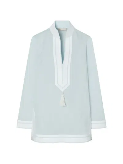 Tory Burch Tunic Top Contrast Trim Tassel Neckline In Blue