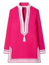 Tory Burch Tasseled Herringbone Twill-trimmed Cotton-voile Tunic In Pink