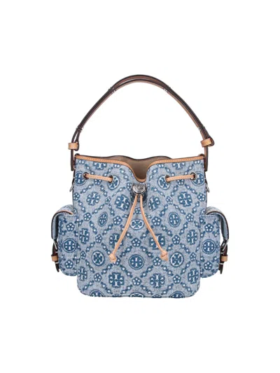 Tory Burch Cotton-blend Crossbody Bag With Leather Trim In Blue