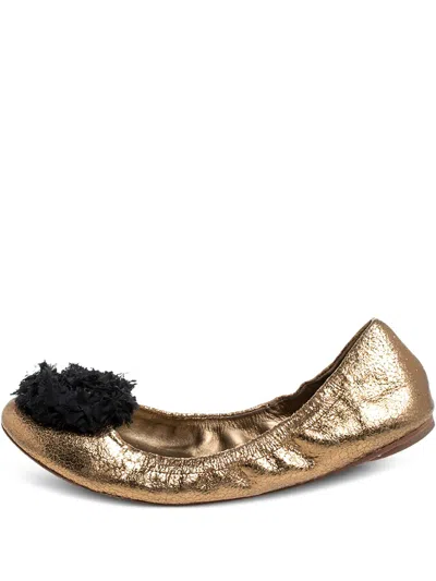 Pre-owned Tory Burch Crackled Leather Ballet Flats In Gold