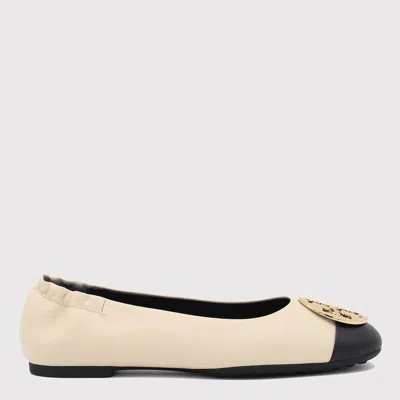 Tory Burch Cream And Black Leather Ballerina Shoes In Beige