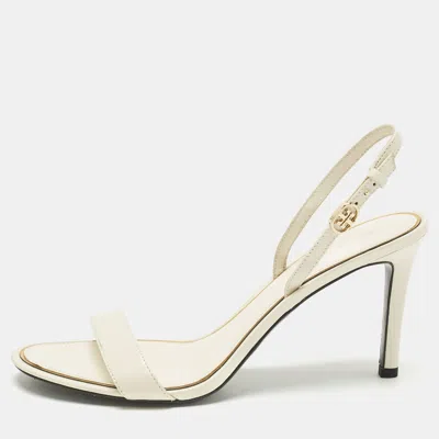 Pre-owned Tory Burch Cream Leather Ankle Strap Sandals Size 38.5 In White