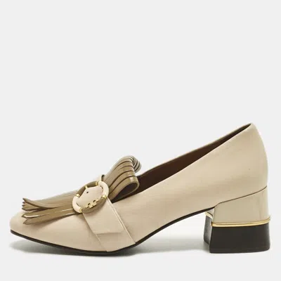 Pre-owned Tory Burch Cream Leather Kiltie Loafer Pumps Size 37 In White