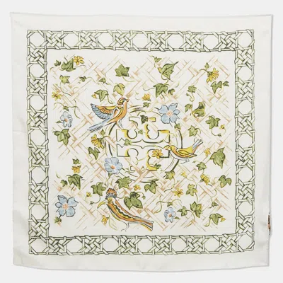 Pre-owned Tory Burch Cream Painted Caning With Birds Silk Neckerchief In White