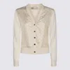 Tory Burch Silk And Wool Cardigan With Logos In French Cream / Gold T Monogram