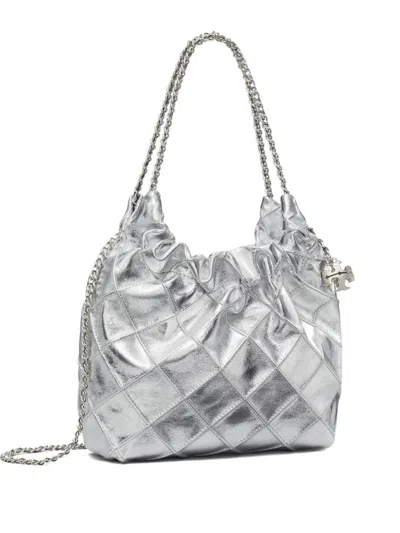Tory Burch Crinkled Leather Mini Bag With Charm Details - Height 22 Cm, Width 18 Cm, Depth 7 Cm In Silver