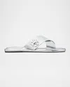 Tory Burch Crisscross Metallic Medallion Slide Sandals In Shiny Silver