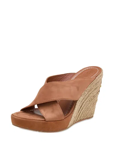 Pre-owned Tory Burch Criss-cross Wedge Sandals In Brown