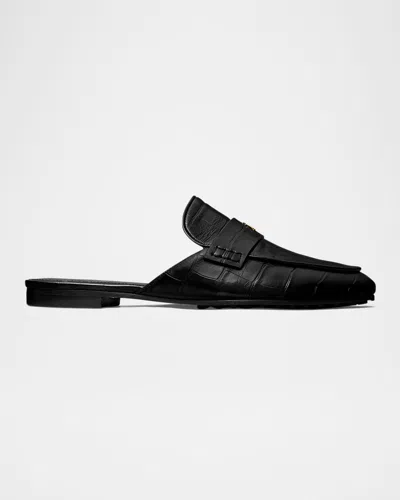 Tory Burch Croc-embossed Leather Loafer Mules In Black