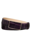 Tory Burch Croc Embossed Leather Plate Belt In Pansy Purple