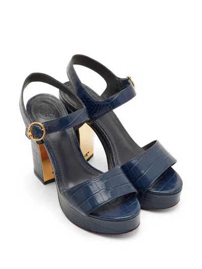Pre-owned Tory Burch Croc-embossed Ankle-strap Sandals In Blue