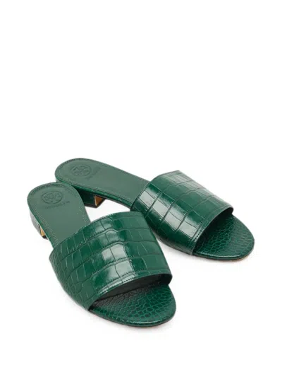 Pre-owned Tory Burch Croc-embossed Flat Slides In Green