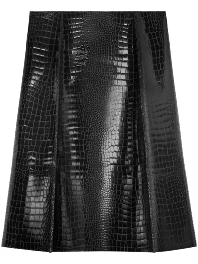 Tory Burch Angle Croc Embossed Midi Skirt In Black