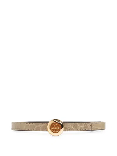 Tory Burch Crocodile-effect Logo-buckle Belt In Neutral