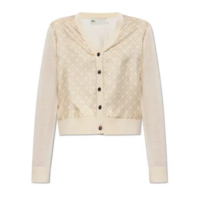 Tory Burch Cropped Silk Front Cardigan In Neutral