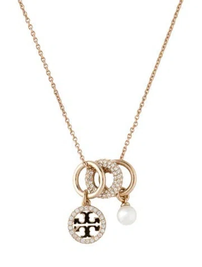 Pre-owned Tory Burch Crystal & Faux Pearl Icon Pendant Necklace, 18" In Clear/white