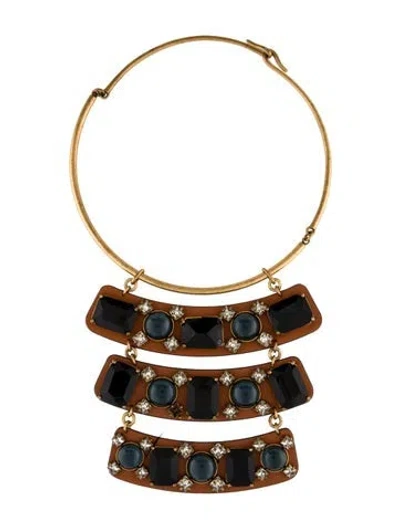 Pre-owned Tory Burch Crystal & Leather Tiered Collar Necklace, 14.75" In Multi