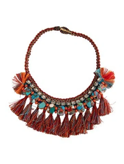Pre-owned Tory Burch Crystal & Resin Macramé Collar Necklace, 17" In Black/blue/brown