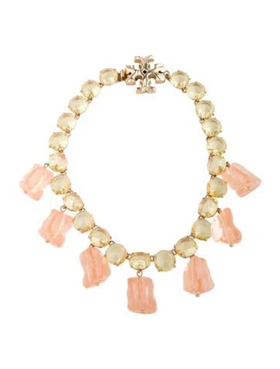 Pre-owned Tory Burch Crystal & Resin Roxanne Collar Necklace, 15.5" In Orange/yellow