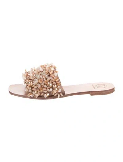 Pre-owned Tory Burch Crystal Beaded Accents Slides In Neutral