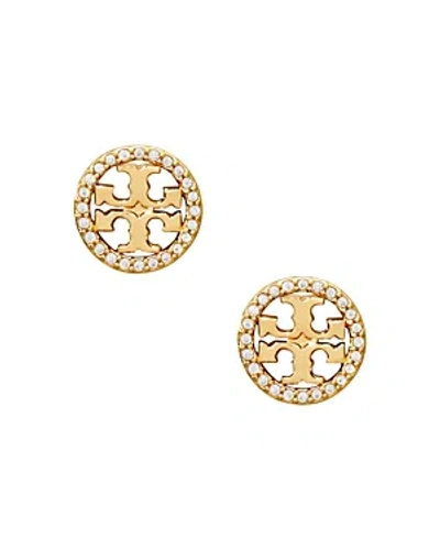 Tory Burch Crystal Logo Circle Stud Earrings In Tory Gold