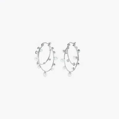 Tory Burch Pearl Embellished Hoop Earrings In Metallic