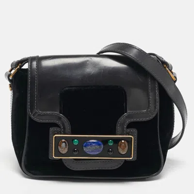 Pre-owned Tory Burch Crystal Embellished Black Leather And Velvet Flap Crossbody Bag