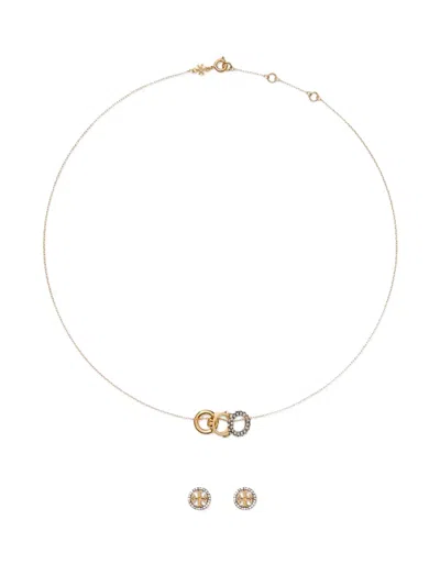 Tory Burch Crystal-embellished Logo-detail Necklace And Earrings Set In Gold