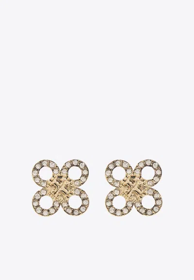 Tory Burch Crystal Embellished Logo Earrings In Gold