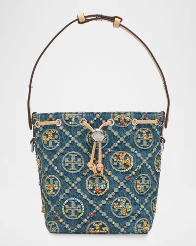 Tory Burch Crystal-embellished Monogram Denim Bucket Bag