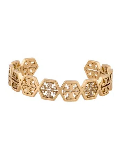 Pre-owned Tory Burch Crystal Hexagon Logo Cuff Bracelet, 7" In Multicolor