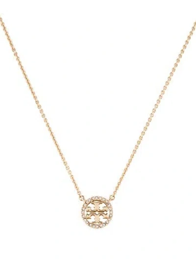 Pre-owned Tory Burch Crystal Icon Pavè Pendant Necklace, 16" In Transparent