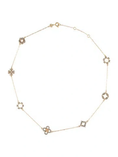 Pre-owned Tory Burch Crystal Kira Clover Station Necklace, 18" In Multicolor