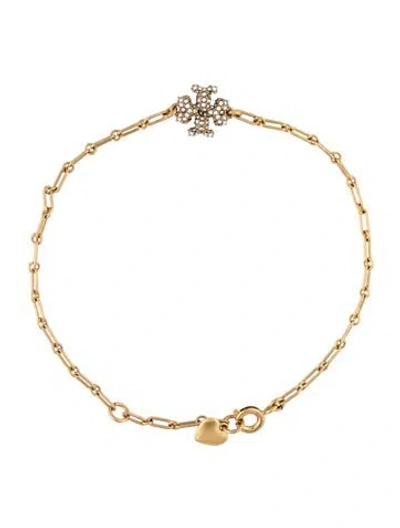 Pre-owned Tory Burch Crystal Logo Charm Bracelet, 8" In Clear