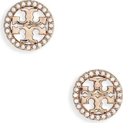 Tory Burch Crystal Logo Circle Stud Earrings In Tory Gold