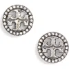 Tory Burch Crystal Logo Circle Stud Earrings In Tory Silver/crystal