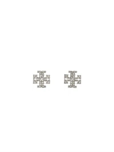 Tory Burch Crystal-embellished Logo Stud Earrings In Silver