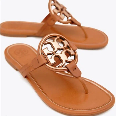 Pre-owned Tory Burch Metal Miller Leather Thong Sandal Tan Us 8 Rosegold Hw Authentic In Brown