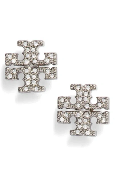 Tory Burch Crystal Logo Stud Earrings In Silver
