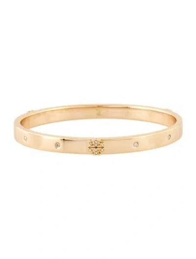 Pre-owned Tory Burch Crystal Pave Logo Hinged Bangle Bracelet, 7" In Multicolor