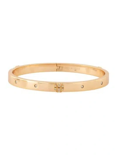 Pre-owned Tory Burch Crystal Pave Logo Hinged Bangle Bracelet, 7" In Multicolor