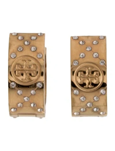 Pre-owned Tory Burch Crystal Pavé Small T Monogram Hoop Earrings In Clear