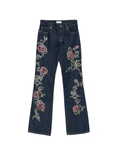 Tory Burch Crystal-embellished Floral-embroidered Jeans In Blue