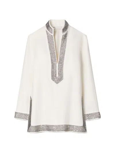 Tory Burch Crystal-embellished Linen Tunic In Ivory