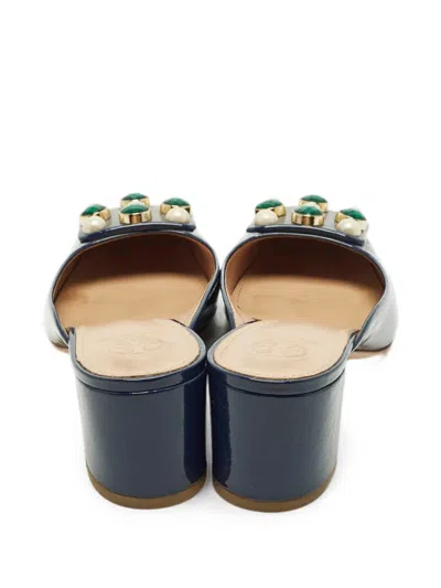 Pre-owned Tory Burch Crystal-embellished Patent Leather Mules In Blue